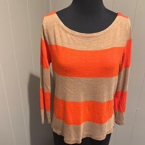 J. Crew rayon/linen blend tan/orange rugby stripe boatneck finely knit sweater.